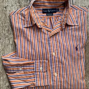 VINTAGE POLO RALPH LAUREN CUSTOM FIT STRIPED SPORT SHIRT ORANGE MENS MEDIUM EUC
