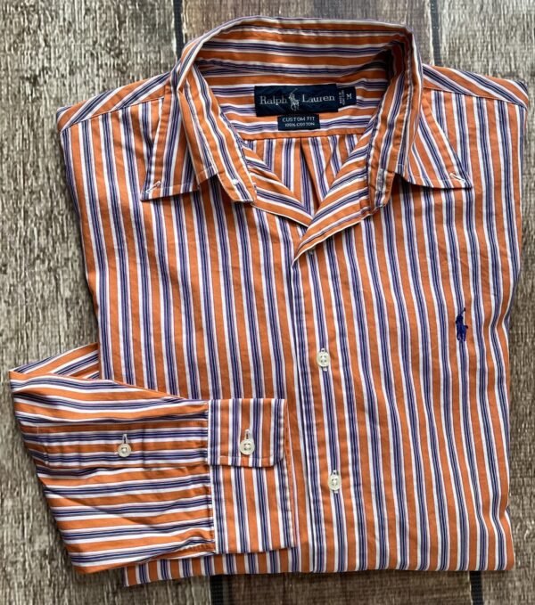 VINTAGE POLO RALPH LAUREN CUSTOM FIT STRIPED SPORT SHIRT ORANGE MENS MEDIUM EUC